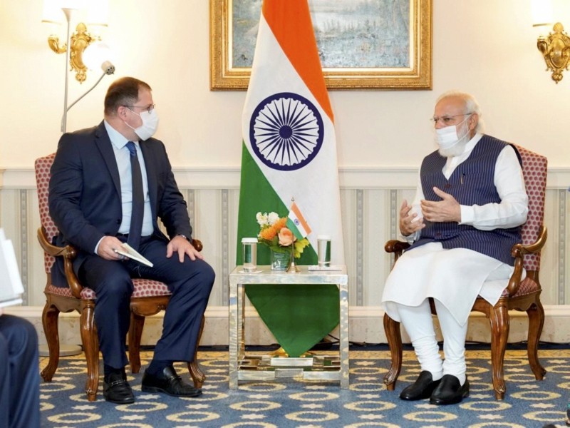 Prime Minister Narendra Modi with CEO of Qualcomm Cristiano Amon during a meeting. (PTI Photo)
